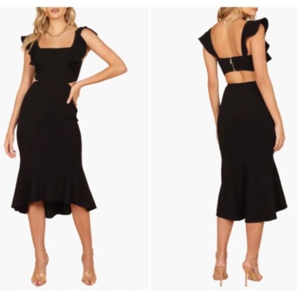 Petal & Pup Yvonne Ruffle Trim Cut Out Hi Lo Midi Dress Black